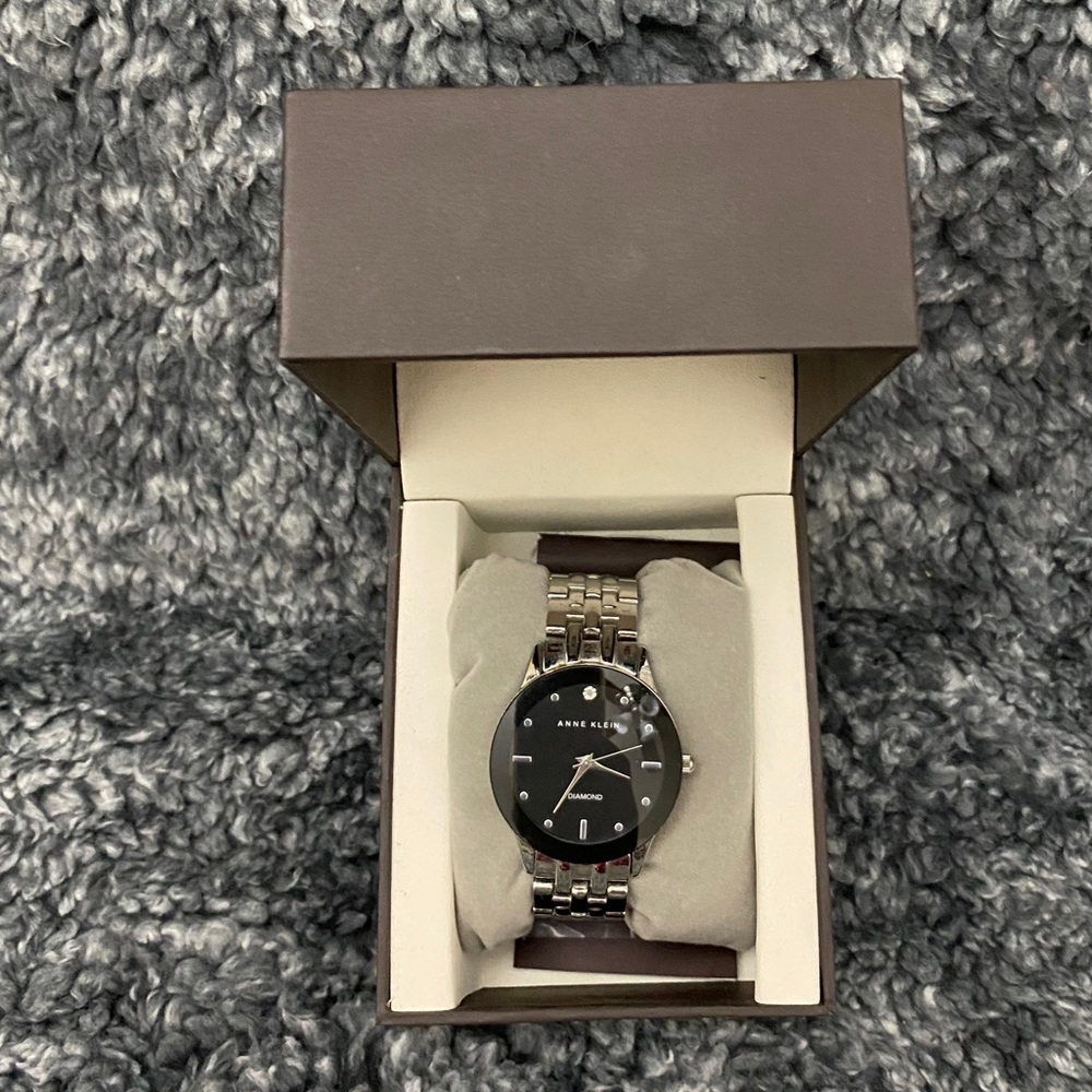 Anne Klein diamond black face silver links watch